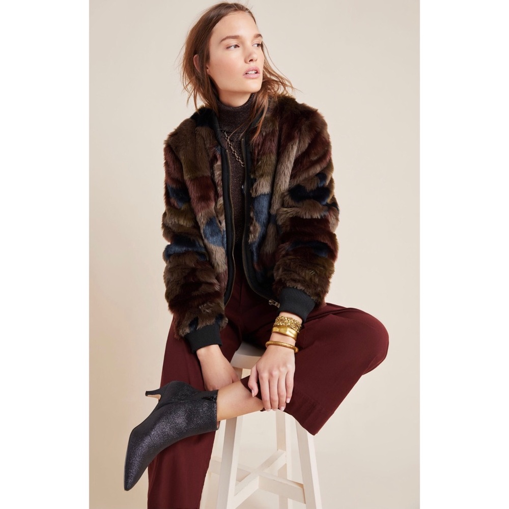 Anthropologie Camo Faux Fur Bomber Jacket New L - Picture 2 of 13